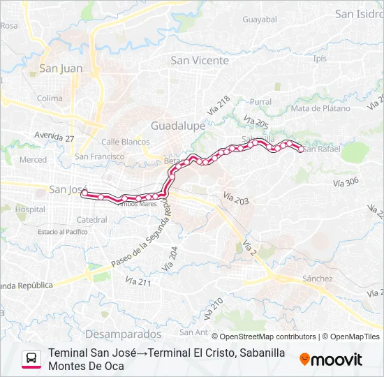 SAN JOSÉ - SAN PEDRO - SABANILLA Bus Line Map