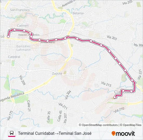SAN JOSÉ - SAN PEDRO - CURRIDABAT Bus Line Map