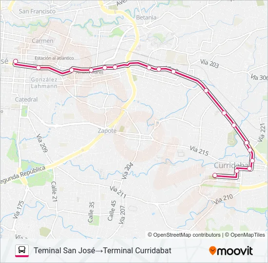 SAN JOSÉ - SAN PEDRO - CURRIDABAT Bus Line Map