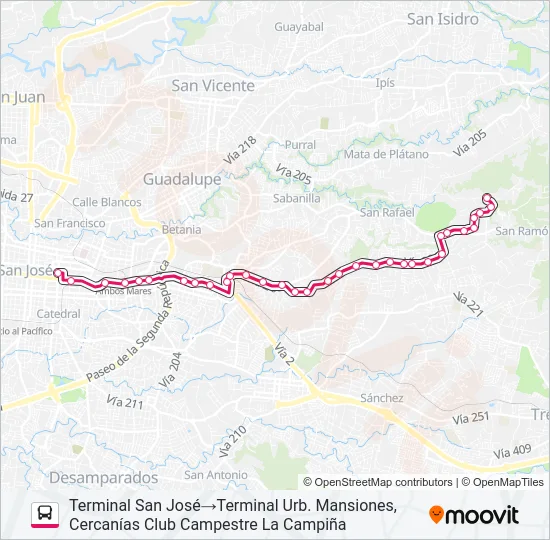 SAN JOSÉ - SAN PEDRO - GRANADILLA Bus Line Map