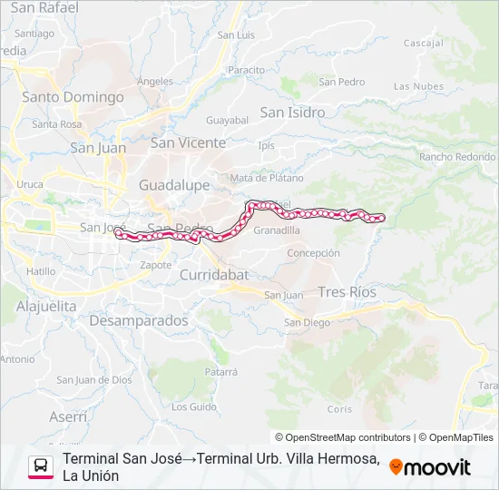 SAN JOSÉ - SAN RAMÓN DE TRES RÍOS Bus Line Map