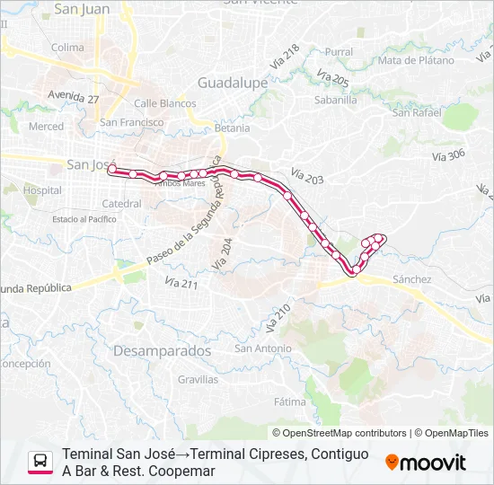 SAN JOSÉ - SAN PEDRO - CIPRESES CURRIDABAT Bus Line Map