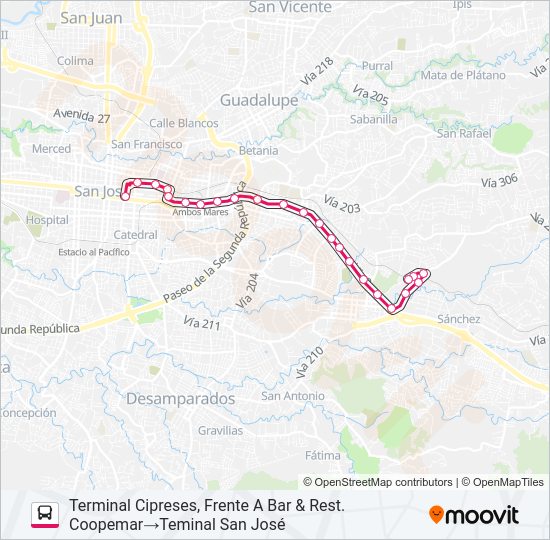 Mapa de SAN JOSÉ - SAN PEDRO - CIPRESES CURRIDABAT de autobús