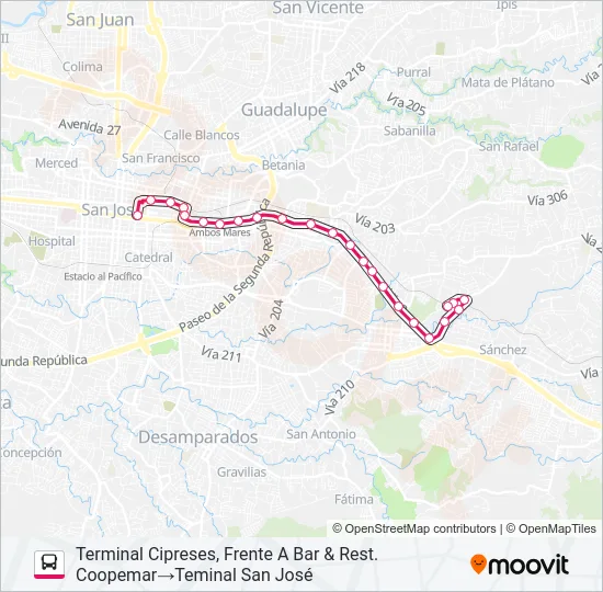 SAN JOSÉ - SAN PEDRO - CIPRESES CURRIDABAT Bus Line Map