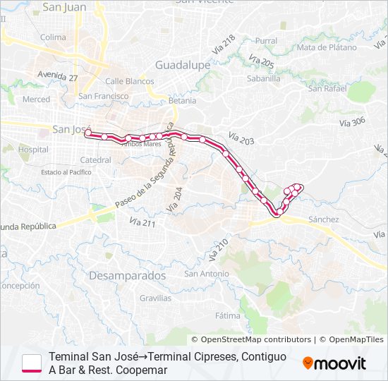 SAN JOSÉ - SAN PEDRO - CIPRESES CURRIDABAT bus Line Map