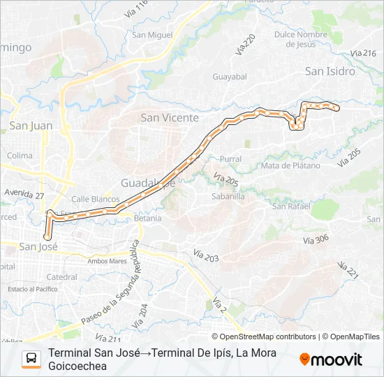 SAN JOSÉ - IPÍS - LA FACIO - ZETILLAL - LA MORA Bus Line Map