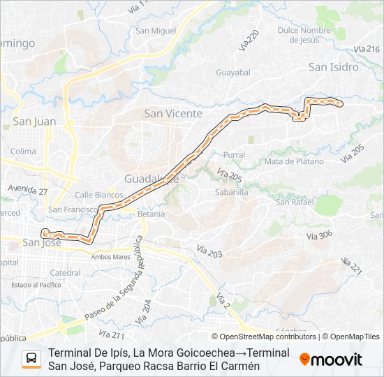 Mapa de SAN JOSÉ - IPÍS - LA FACIO - ZETILLAL - LA MORA de autobús