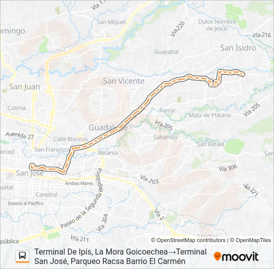 SAN JOSÉ - IPÍS - LA FACIO - ZETILLAL - LA MORA Bus Line Map