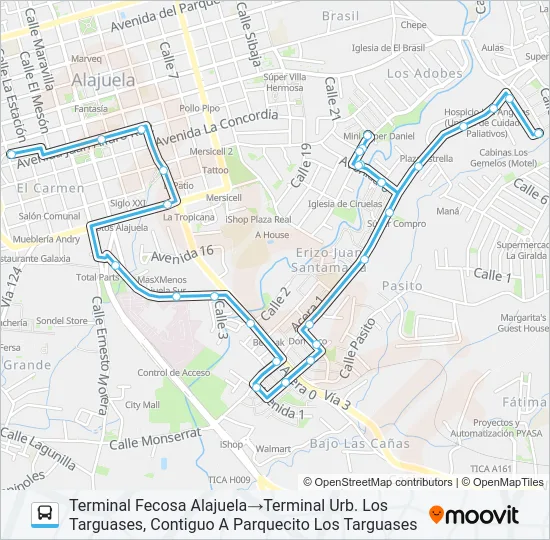 ALAJUELA - EL ERIZO - URB. LOS TARGUASES Bus Line Map