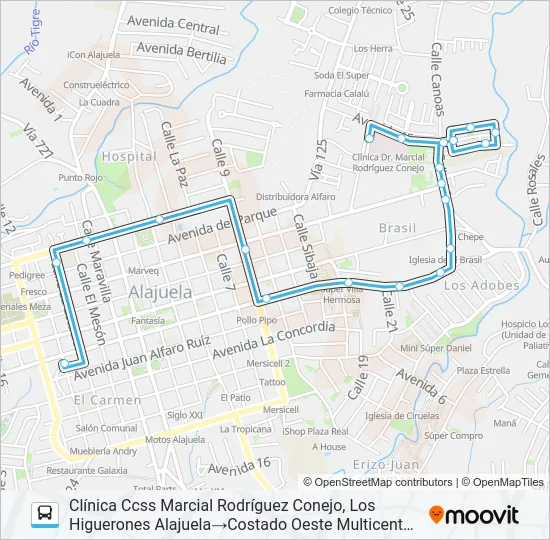 ALAJUELA - VILLA HERMOSA - EL LLANO - SEGURO SOCIAL Bus Line Map