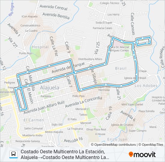 Mapa de ALAJUELA - VILLA HERMOSA - EL LLANO - SEGURO SOCIAL de autobús