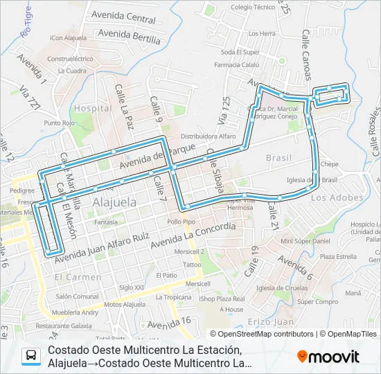 ALAJUELA - VILLA HERMOSA - EL LLANO - SEGURO SOCIAL Bus Line Map