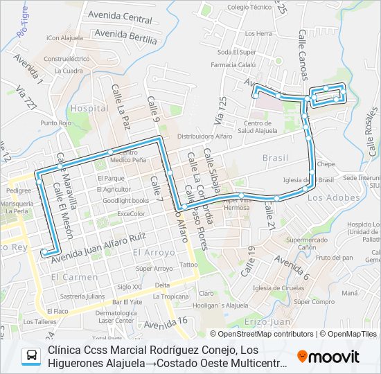 Mapa de ALAJUELA - VILLA HERMOSA - EL LLANO - SEGURO SOCIAL de autobús