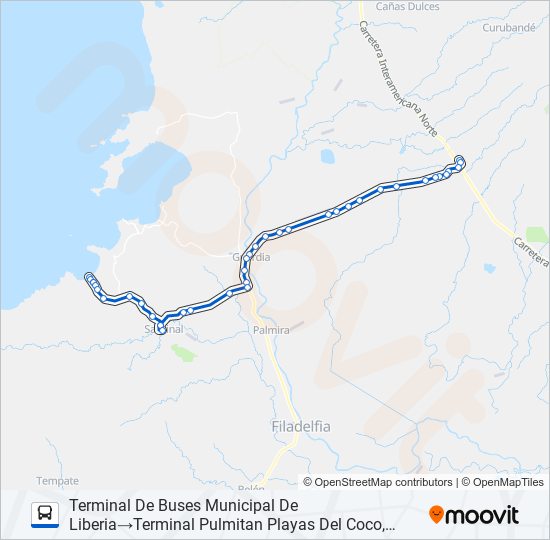 Mapa de LIBERIA - PLAYAS DEL COCO de autobús