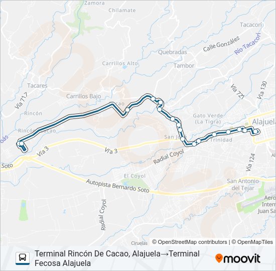 Mapa de ALAJUELA - EL CACAO - RINCÓN DE CACAO de autobús