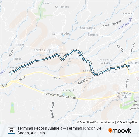 ALAJUELA - EL CACAO - RINCÓN DE CACAO Bus Line Map