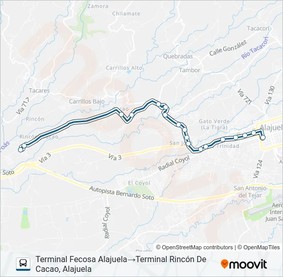 ALAJUELA - EL CACAO - RINCÓN DE CACAO Bus Line Map