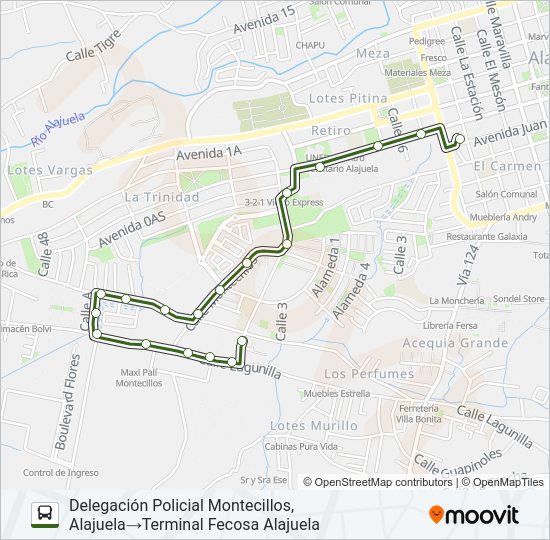 Mapa de ALAJUELA - MONTECILLOS de autobús