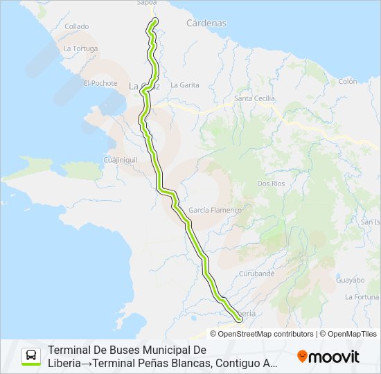 Mapa de LIBERIA - LA CRUZ - PEÑAS BLANCAS de autobús