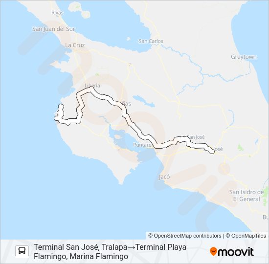 Mapa de SAN JOSÉ - TAMARINDO - PLAYA FLAMINGO POR INTERAMERICANA de autobús