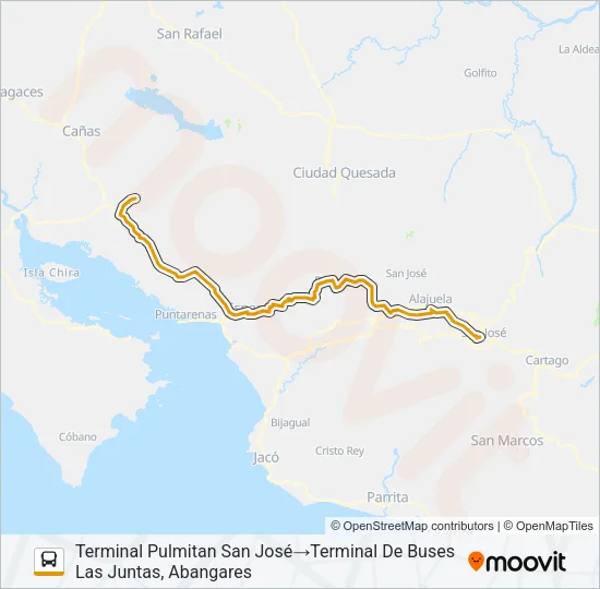 SAN JOSÉ - LAS JUNTAS ABANGARES Bus Line Map