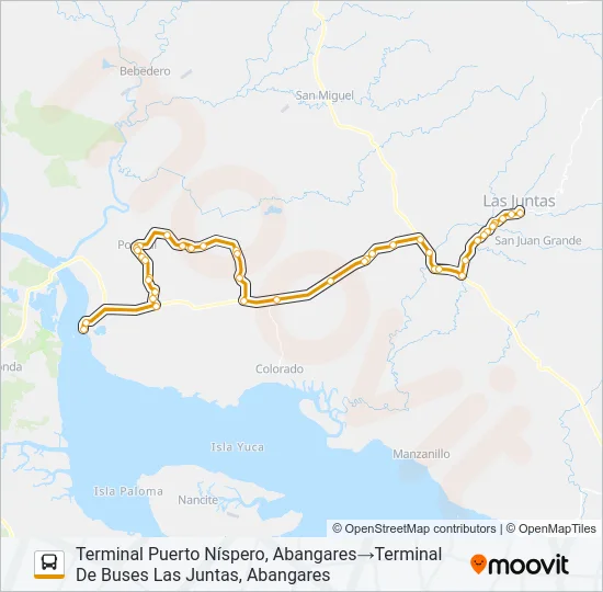 LAS JUNTAS ABANGARES - POROSAL - FERRY PTO. NÍSPERO Bus Line Map