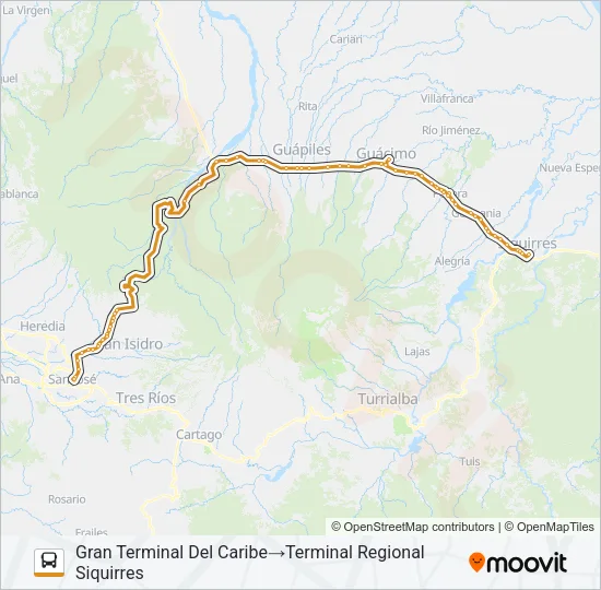 SAN JOSÉ - SIQUIRRES Bus Line Map