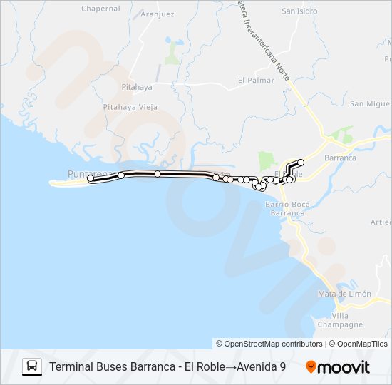 Mapa de PUNTARENAS - EL ROBLE de autobús
