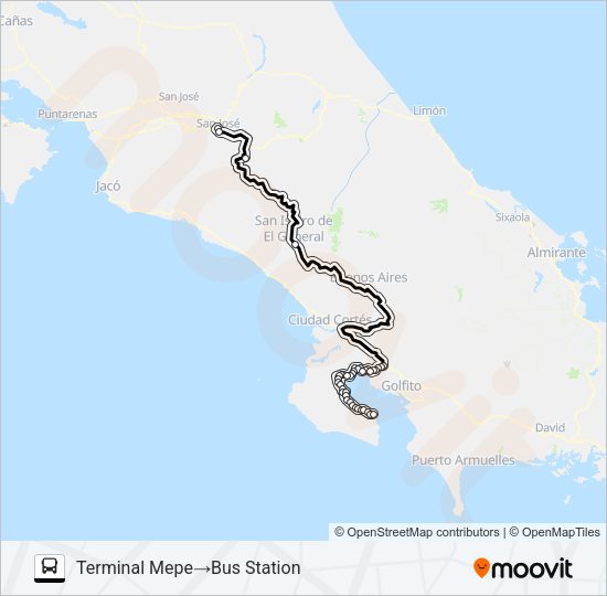 Mapa de SAN JOSE - PUERTO JIMENEZ de autobús