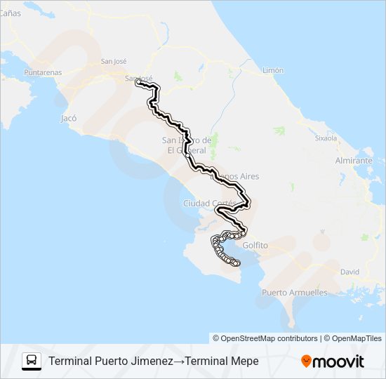 Mapa de SAN JOSE - PUERTO JIMENEZ de autobús