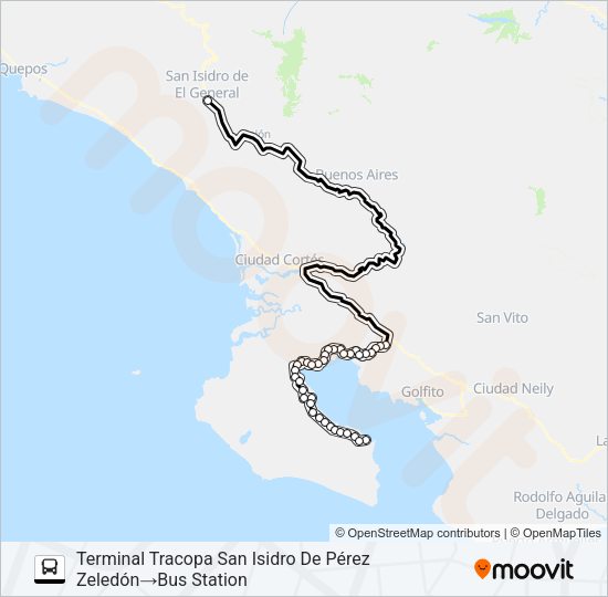 Mapa de SAN ISIDRO DEL GENERAL  -  PUERTO JIMENEZ de autobús