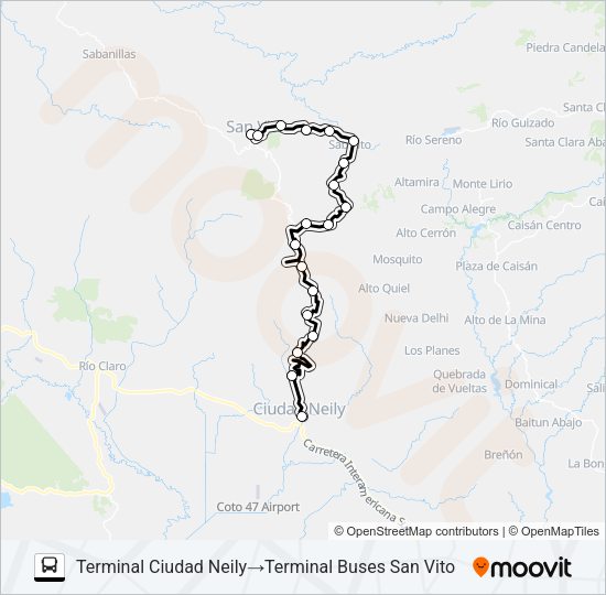 Mapa de SAN VITO – CIUDAD NEILY POR SABALITO de autobús