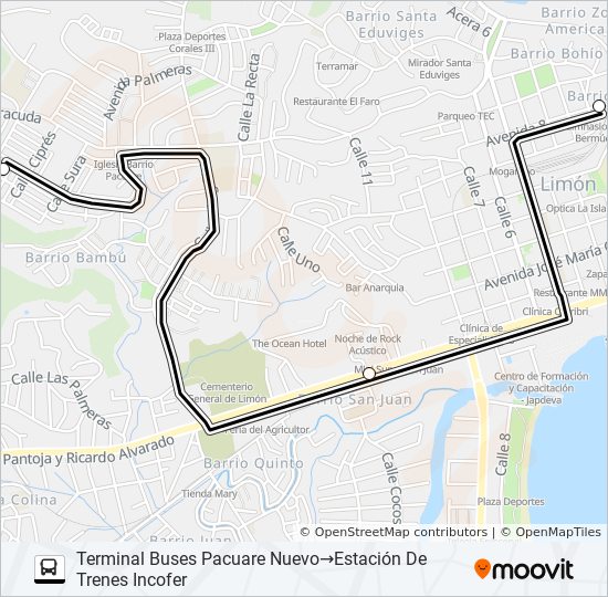 Mapa de LIMON - PACUARE NUEVO POR COCA COLA de autobús