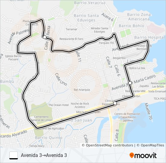 Mapa de LIMON - PACUARE NUEVO POR EL COLEGIO de autobús