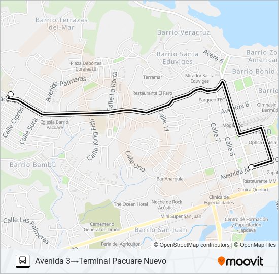 Mapa de LIMON - PACUARE VIEJO - CORALES POR EL COLEGIO de autobús