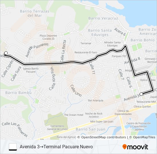 Mapa de LIMON - PACUARE VIEJO - CORALES POR EL COLEGIO de autobús