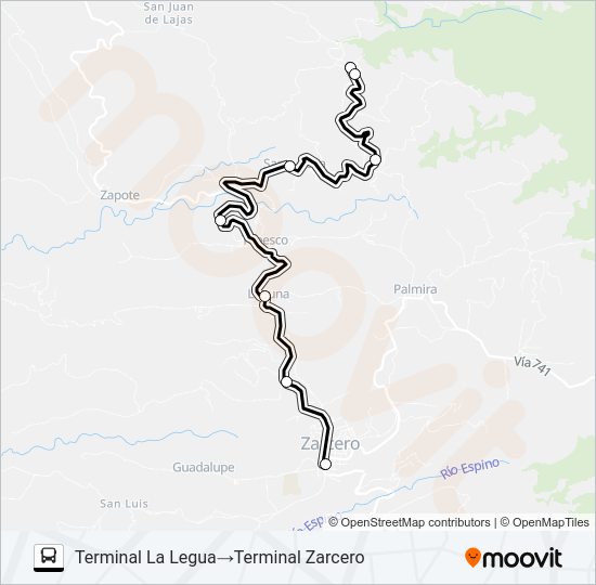 Mapa de ZARCERO - LA LEGUA de autobús