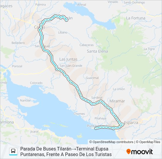 TILARAN - PUNTARENAS Bus Line Map