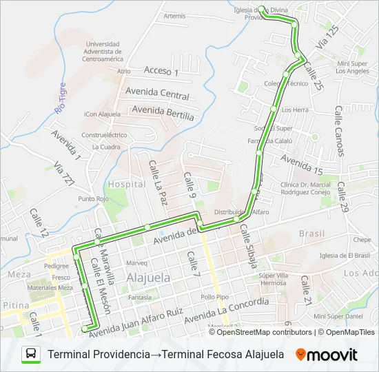 ALAJUELA - CANOAS - PROVIDENCIA Bus Line Map