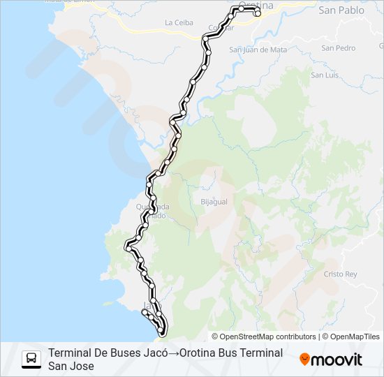 Mapa de OROTINA - TÁRCOLES - QUEBRADA GANADO - JACO Y VICEVERSA. de autobús