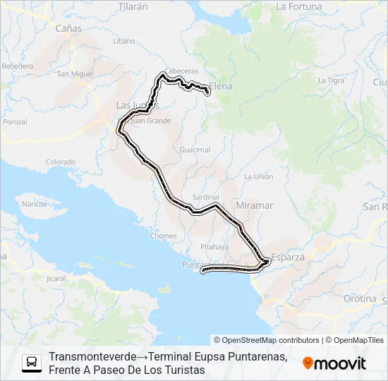 PUNTARENAS - LAS JUNTAS DE ABANGARES  -  CAÑITAS -  MONTEVERDE  Line Map
