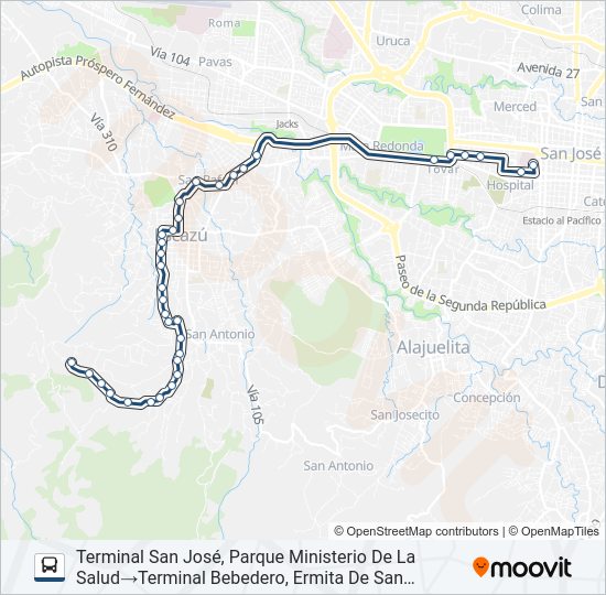 Mapa de SAN JOSÉ - ESCAZÚ - BEBEDERO de autobús