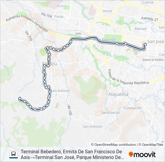 Mapa de SAN JOSÉ - ESCAZÚ - BEBEDERO de autobús