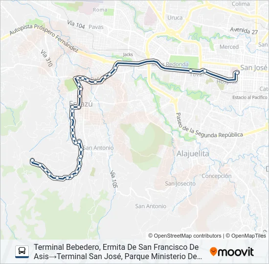 SAN JOSÉ - ESCAZÚ - BEBEDERO Bus Line Map
