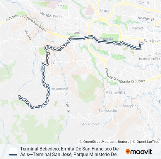 Mapa de SAN JOSÉ - ESCAZÚ - BEBEDERO de autobús