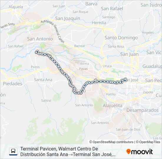 SAN JOSÉ - ESCAZÚ - GUACHIPELÍN POR ANONOS Bus Line Map