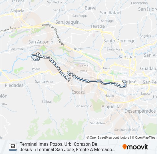 Mapa de SAN JOSÉ - ESCAZÚ - GUACHIPELÍN - PAVICEN POR PISTA de autobús