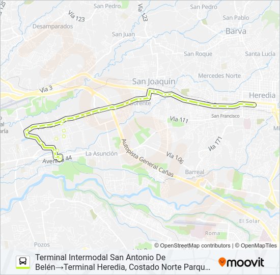 Mapa de HEREDIA - SAN ANTONIO DE BELÉN POR SAN JOAQUÍN de autobús