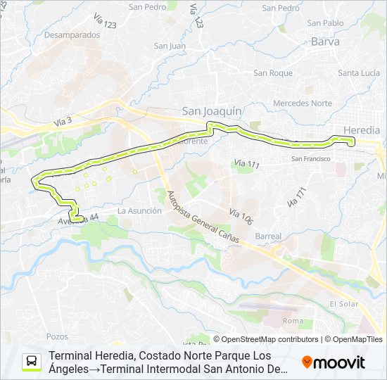 Mapa de HEREDIA - SAN ANTONIO DE BELÉN POR SAN JOAQUÍN de autobús