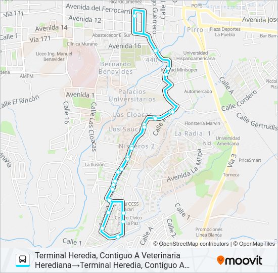 Mapa de HEREDIA - GUARARÍ de autobús